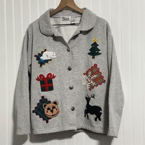 UGLY CHRISTMAS‎ SWEATER 1X Plus Fleece Cardigan Applique Patches Holiday Party